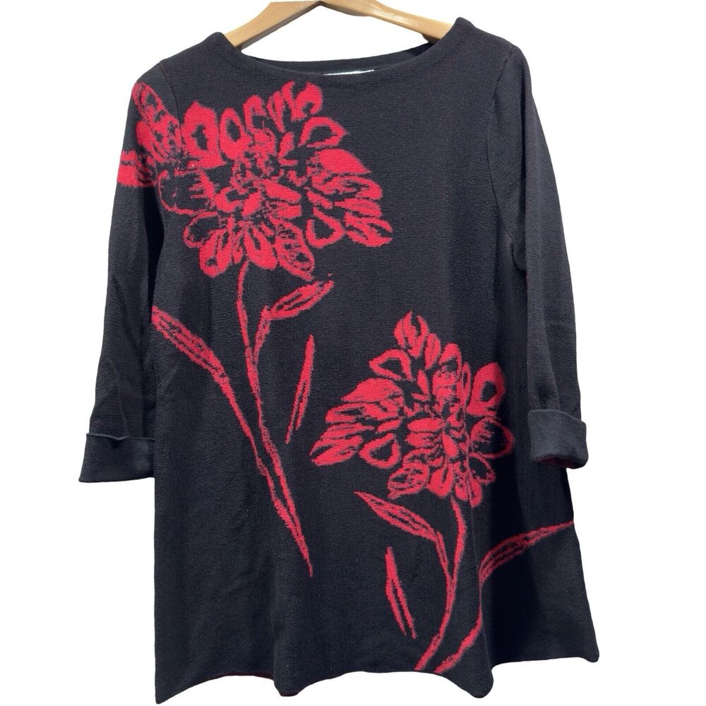 CHICO's Womens Size 2 US L Boatneck Black Red Floral Knit Longer Length Sweater